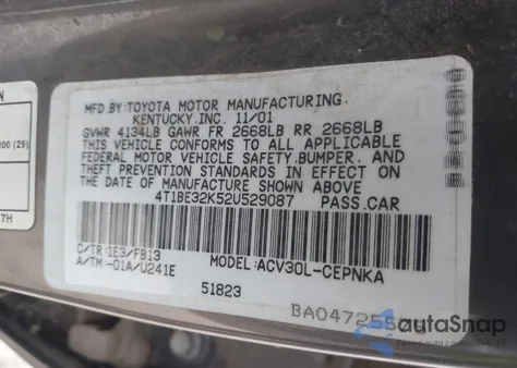 2002 Toyota Camry Le from USA, damaged, VIN 4T1BE32K52U529087